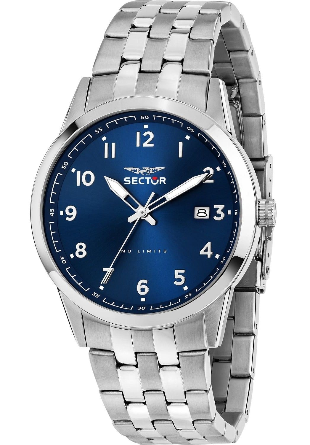 Sector 660 Date display Blue Stainless steel Male R3253517032-. A brand-new Sector 660 watch featuring a Blue dial and a Stainless steel strap. Angled view.