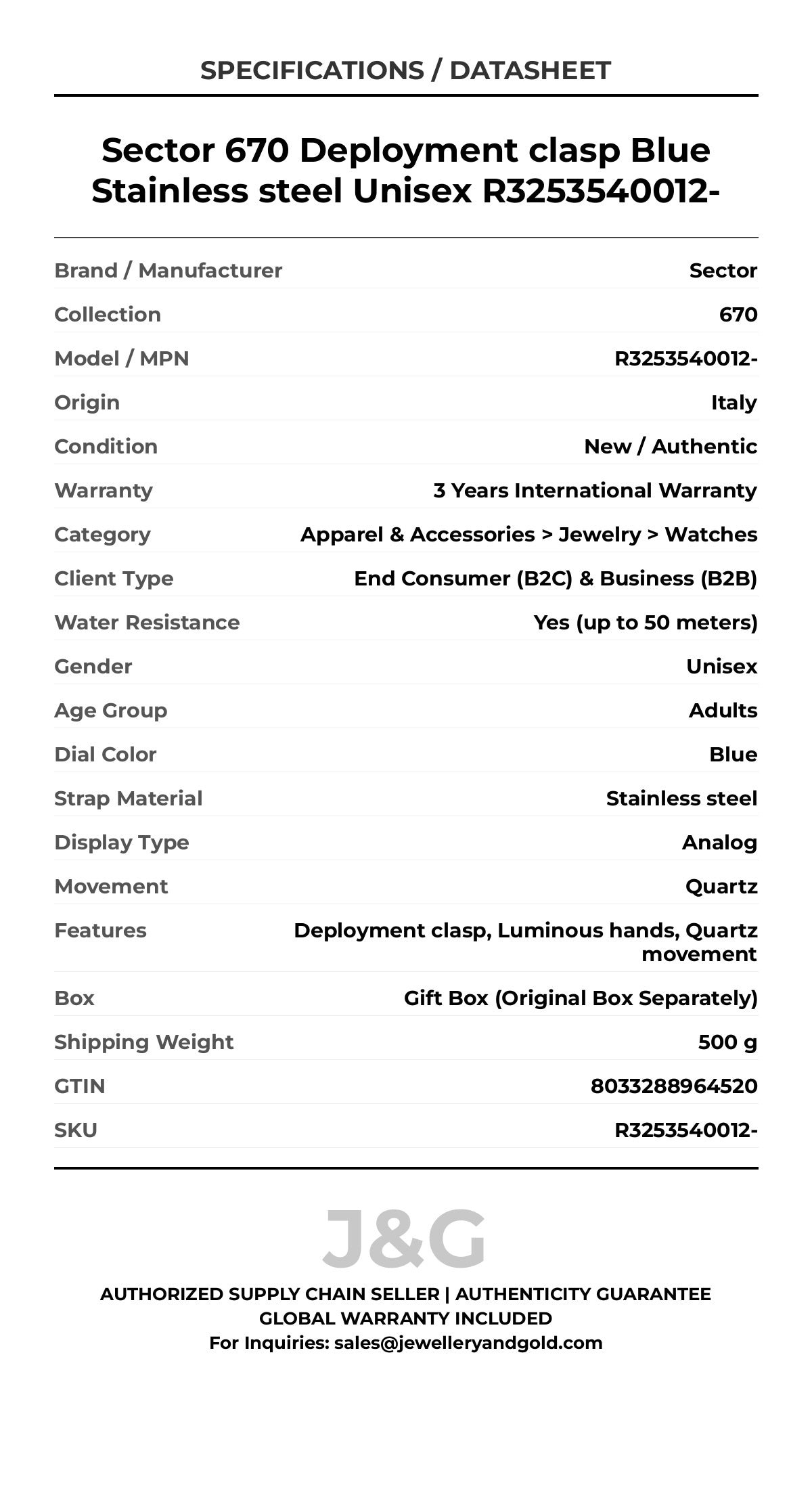 Sector 670 Deployment clasp Blue Stainless steel Unisex R3253540012- - Specifications
