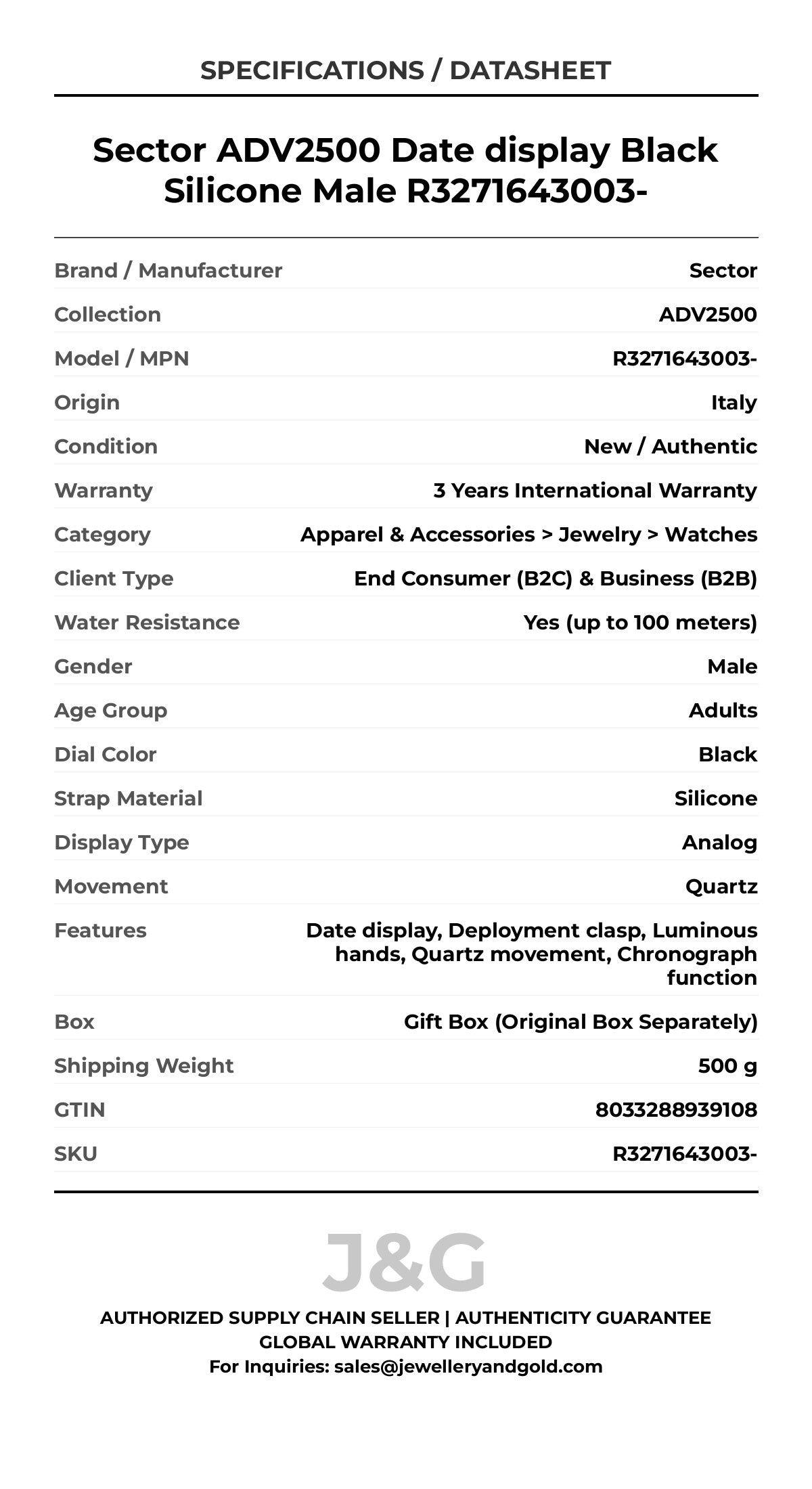 Sector ADV2500 Date display Black Silicone Male R3271643003- - Specifications