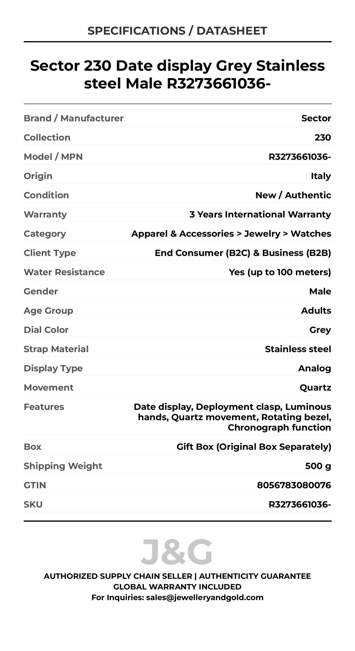 Sector 230 Date display Grey Stainless steel Male R3273661036- - Specifications