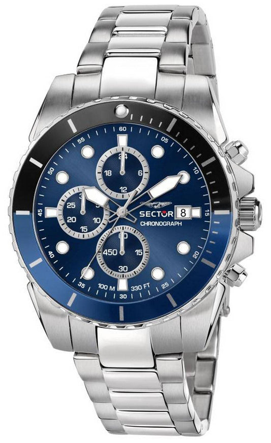 Sector 450 Date display Blue Sunray Stainless steel Male R3273776003-. A brand-new Sector 450 watch featuring a Blue Sunray dial and a Stainless steel strap. Front view.