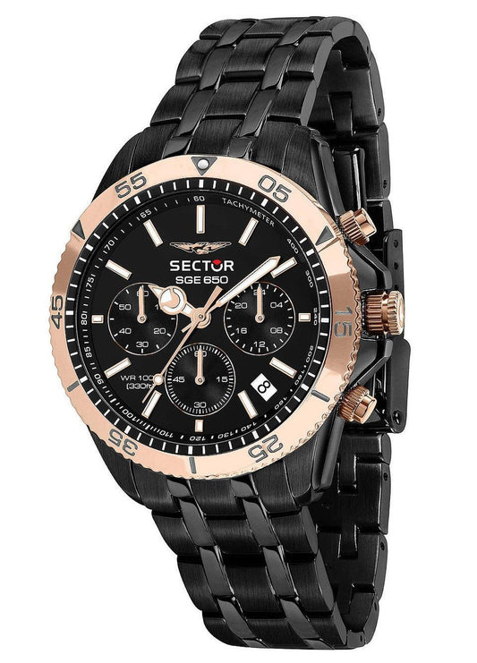 Sector SGE 650 Date display Black Stainless steel Male R3273962004-. A brand-new Sector SGE 650 watch featuring a Black dial and a Stainless steel strap. Angled view.