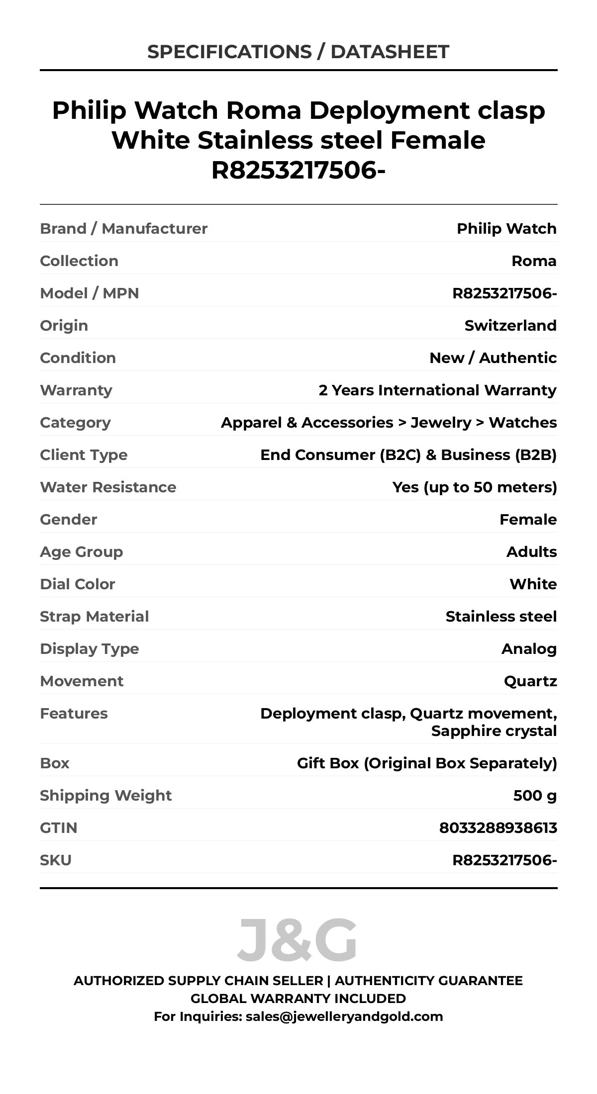 Philip Watch Roma Deployment clasp White Stainless steel Female R8253217506- - Specifications