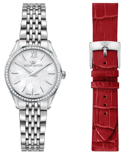 Philip Watch Roma Deployment clasp White Stainless steel Female R8253217506-. A brand-new Philip Watch Roma watch featuring a White dial and a Stainless steel strap. Angled view.