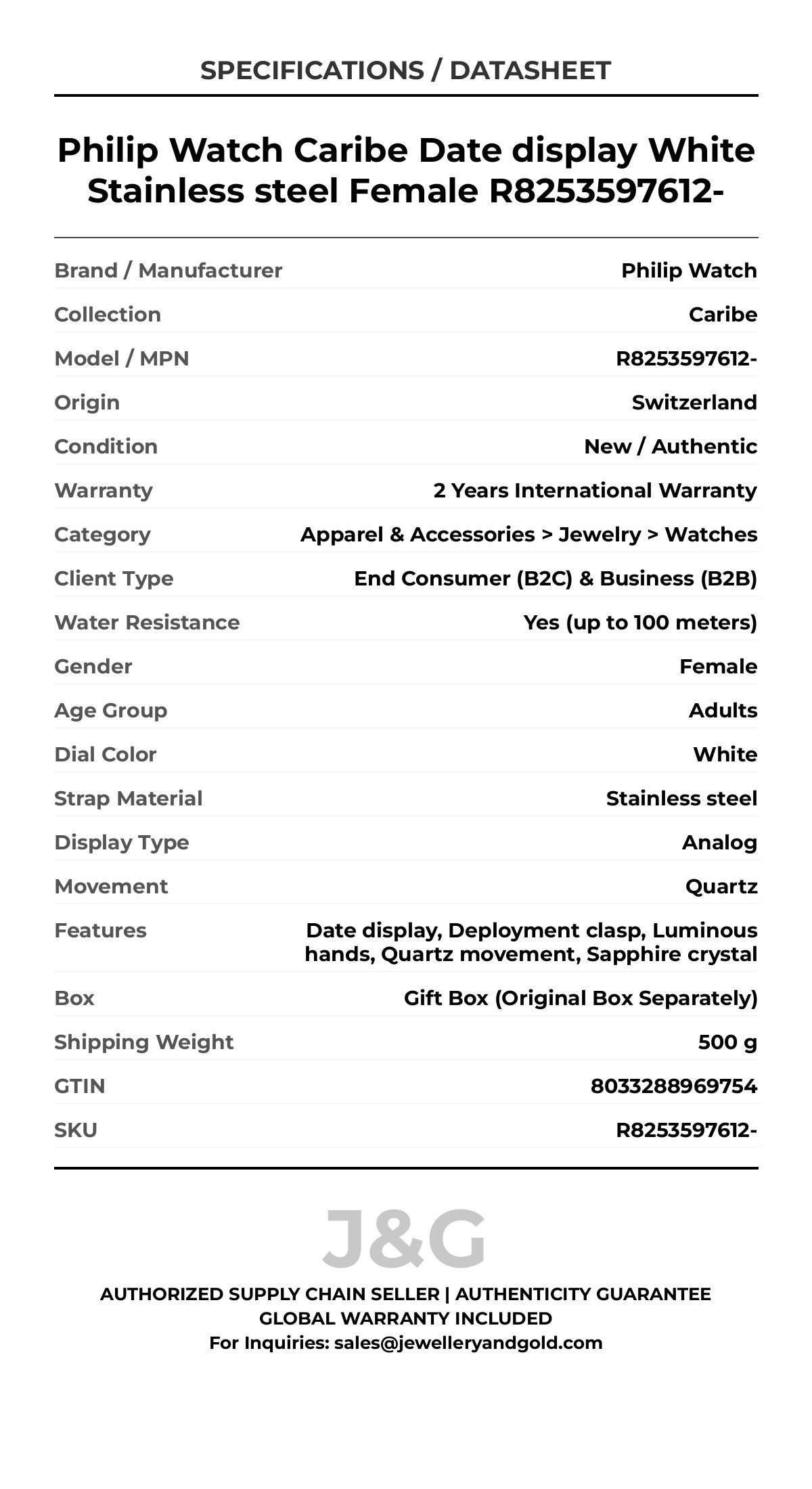 Philip Watch Caribe Date display White Stainless steel Female R8253597612- - Specifications