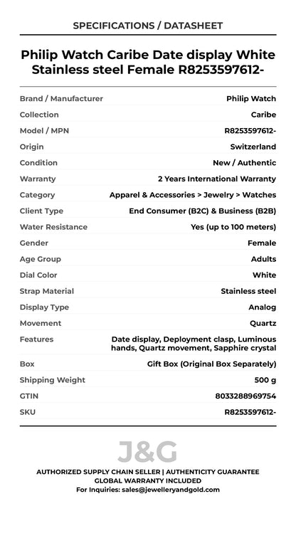 Philip Watch Caribe Date display White Stainless steel Female R8253597612- - Specifications