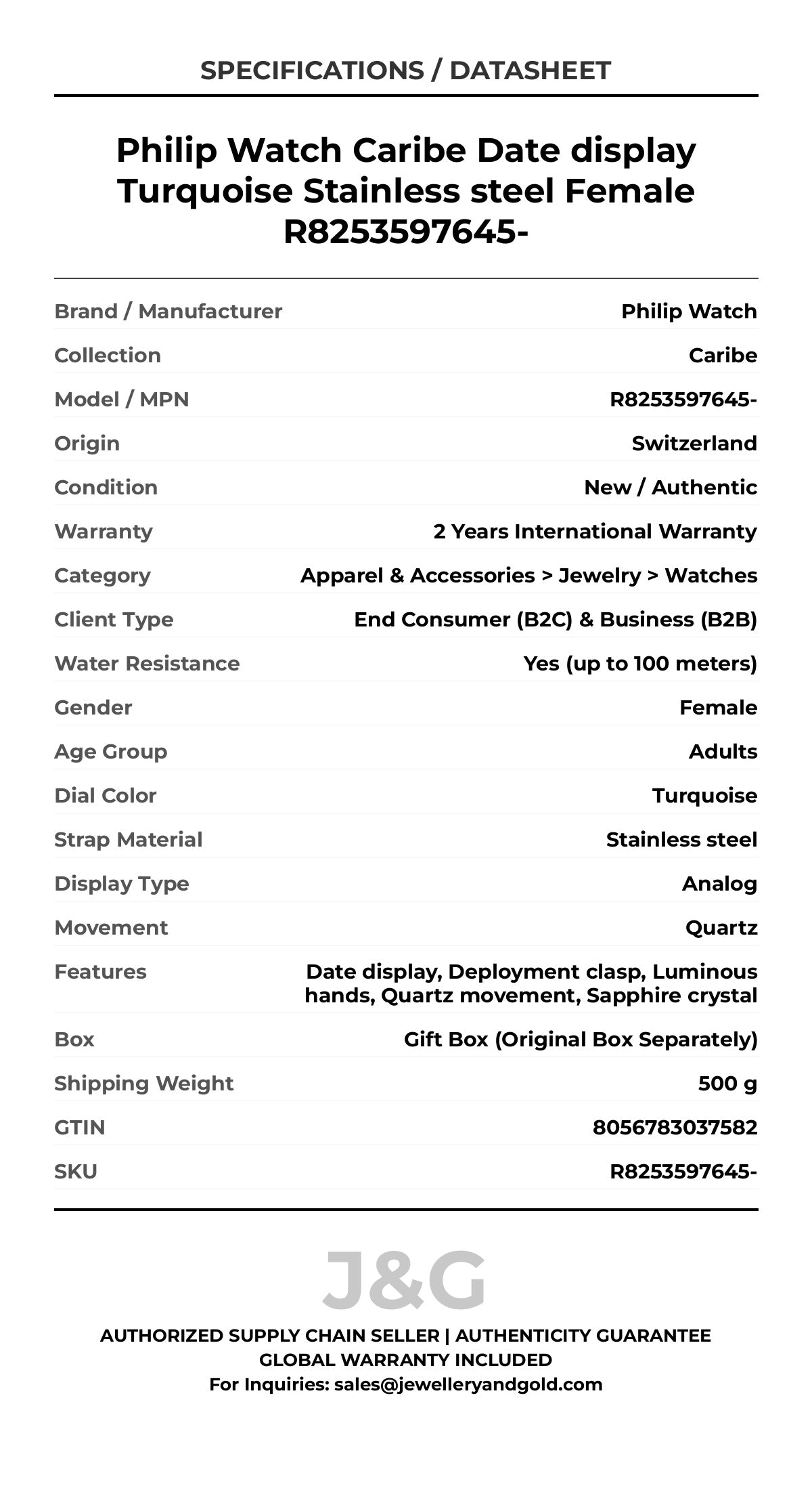 Philip Watch Caribe Date display Turquoise Stainless steel Female R8253597645- - Specifications