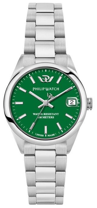 Philip Watch Caribe Date display Green Stainless steel Male R8253597647-. A brand-new Philip Watch Caribe watch featuring a Green dial and a Stainless steel strap. Front view.