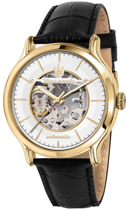 Maserati Epoca Automatic movement Black Leather Male R8821118011-. A brand-new Maserati Epoca watch featuring a Black dial and a Leather strap. Side view.