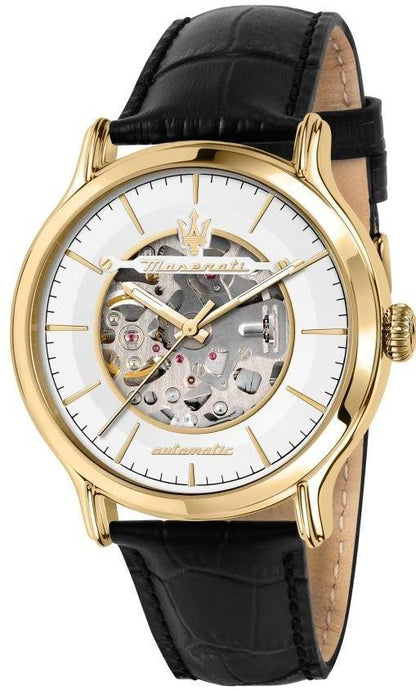 Maserati Epoca Automatic movement Black Leather Male R8821118011-. A brand-new Maserati Epoca watch featuring a Black dial and a Leather strap. Side view.