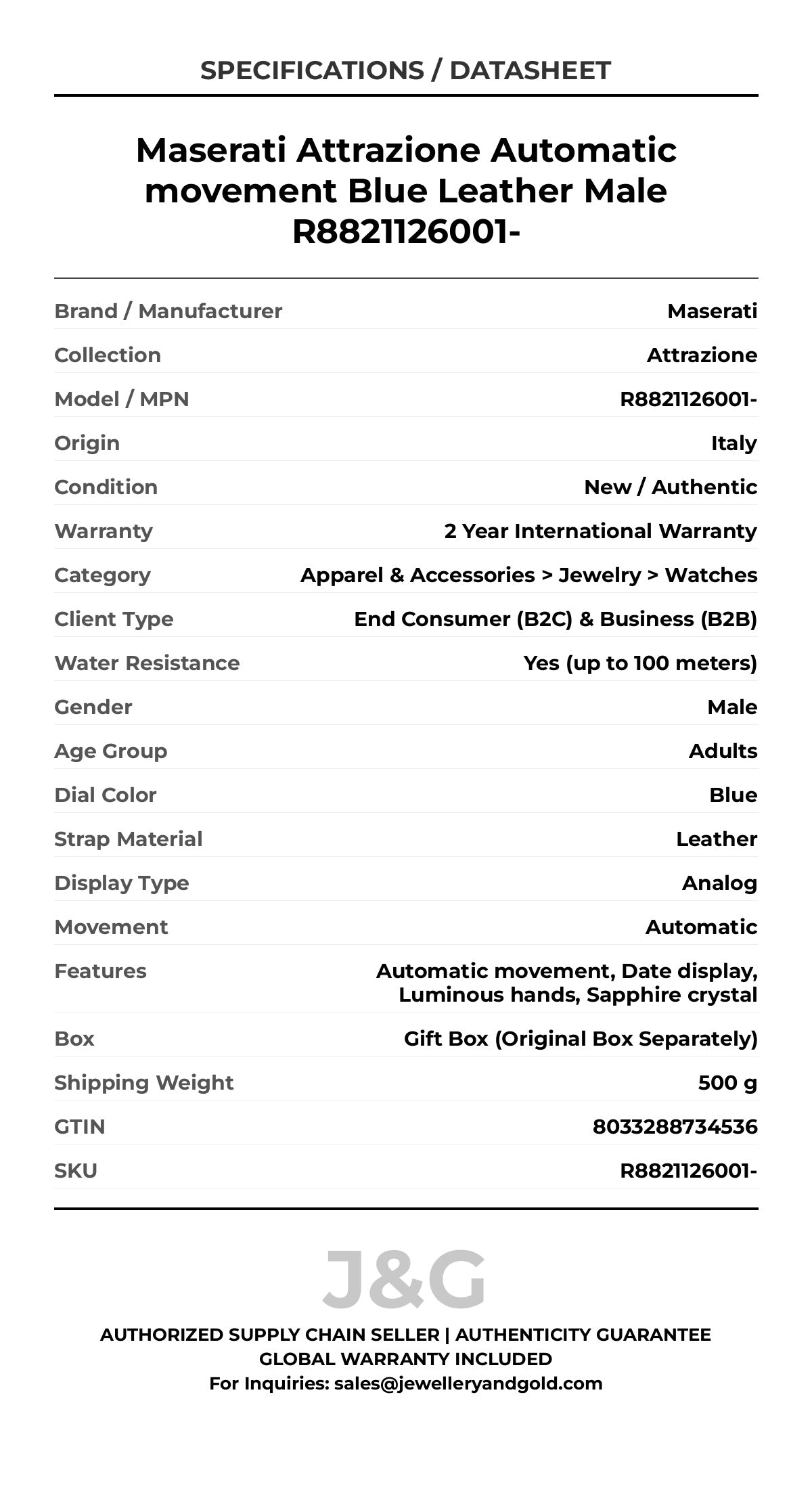 Maserati Attrazione Automatic movement Blue Leather Male R8821126001- - Specifications