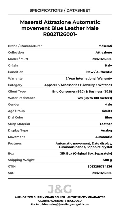 Maserati Attrazione Automatic movement Blue Leather Male R8821126001- - Specifications