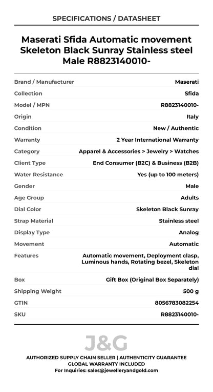 Maserati Sfida Automatic movement Skeleton Black Sunray Stainless steel Male R8823140010- - Specifications