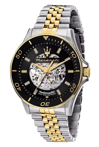 Maserati Sfida Automatic movement Skeleton Black Sunray Stainless steel Male R8823140010-. A brand-new Maserati Sfida watch featuring a Skeleton Black Sunray dial and a Stainless steel strap. Front view.