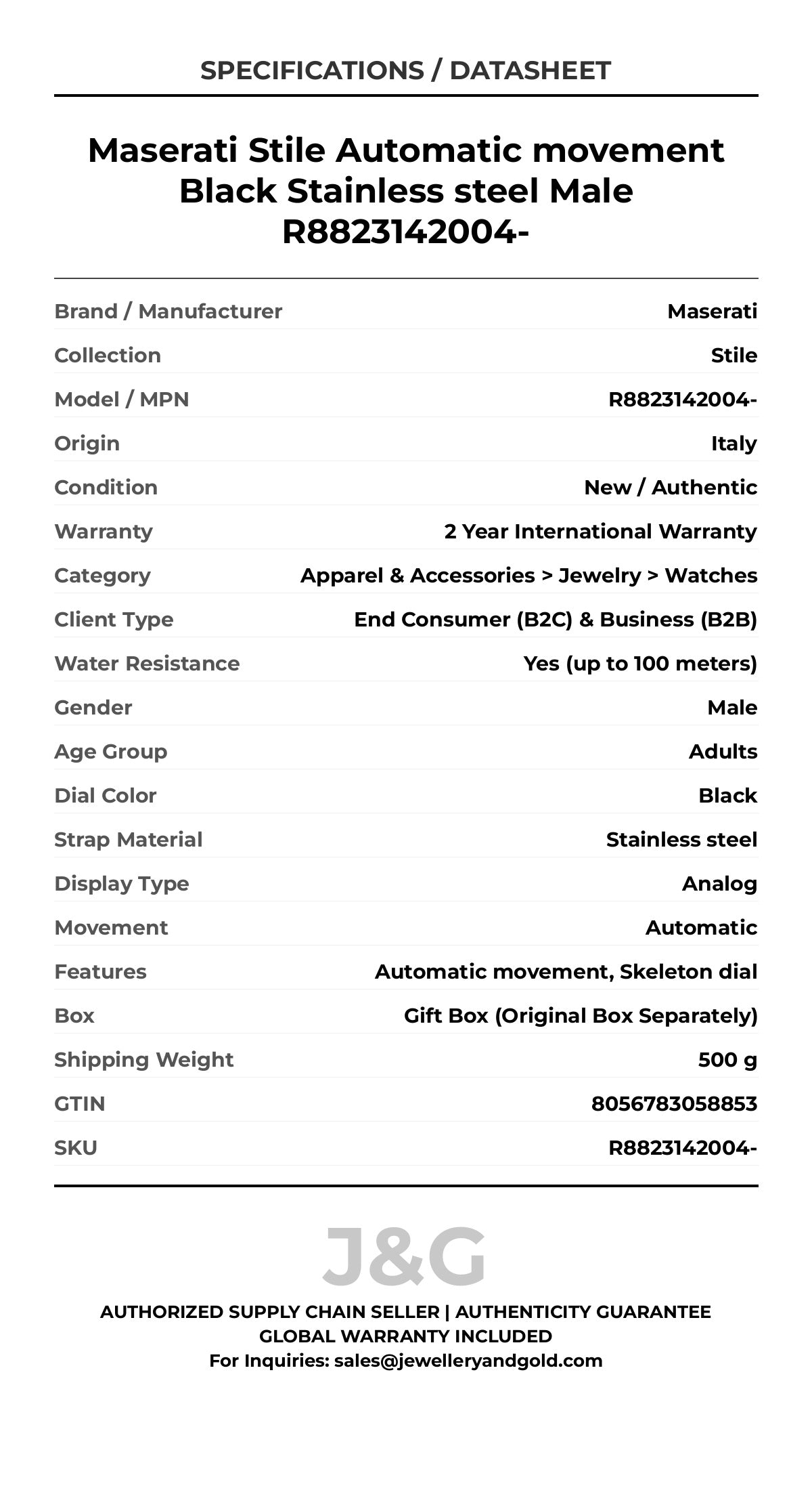 Maserati Stile Automatic movement Black Stainless steel Male R8823142004- - Specifications