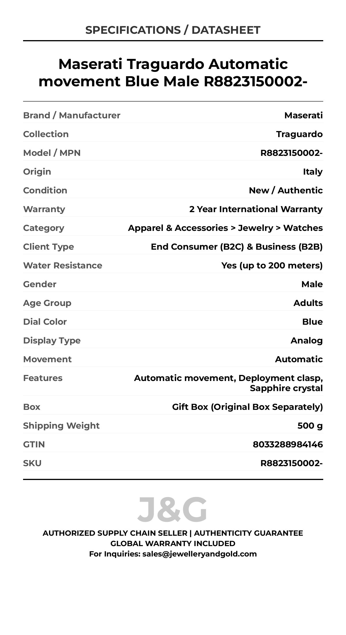 Maserati Traguardo Automatic movement Blue Male R8823150002- - Specifications