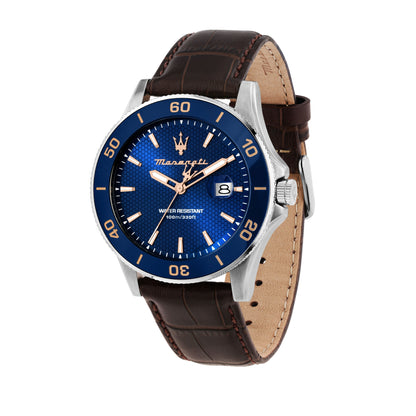 Maserati Competizione Date display Blue Leather Male R8851100004-. A brand-new Maserati Competizione watch featuring a Blue dial and a Leather strap. Angled view.