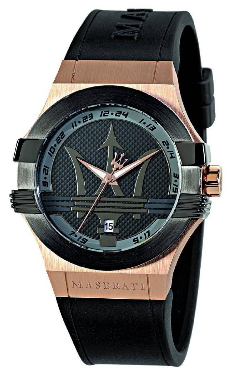 Maserati Potenza Date display Black Rubber Male R8851108002-. A brand-new Maserati Potenza watch featuring a Black dial and a Rubber strap. Angled view.