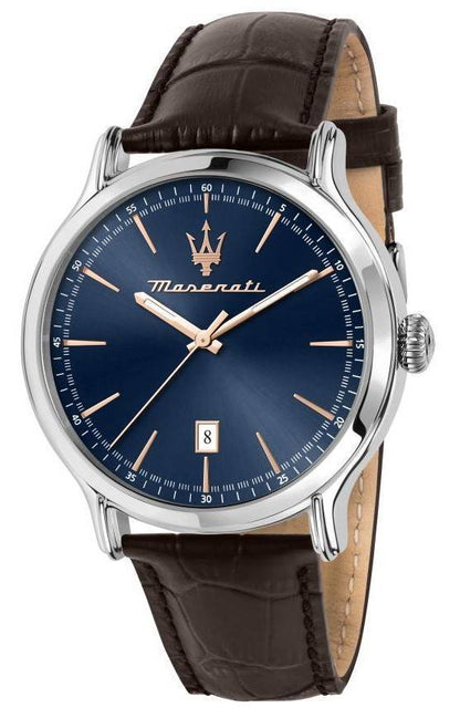 Maserati Epoca Date display Blue Sunray Leather Male R8851118016-. A brand-new Maserati Epoca watch featuring a Blue Sunray dial and a Leather strap. Angled view.