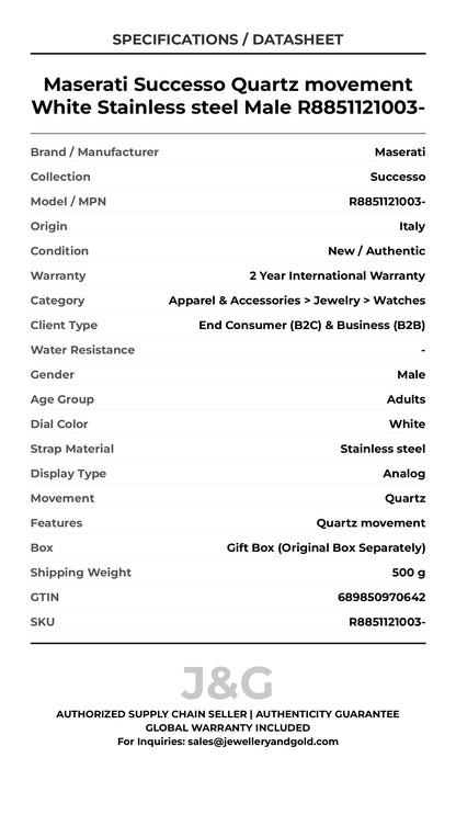 Maserati Successo Quartz movement White Stainless steel Male R8851121003- - Specifications