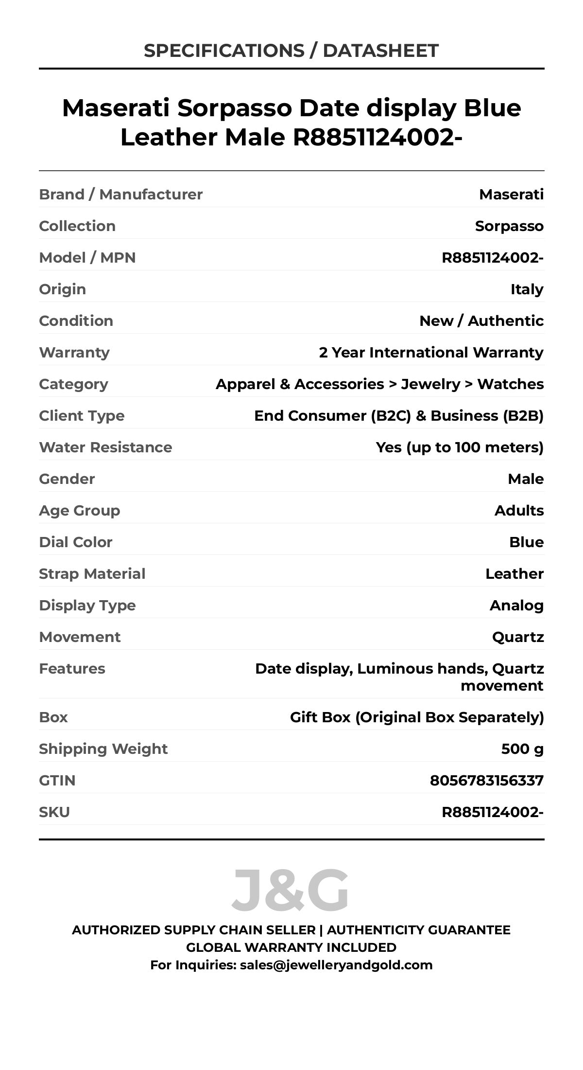 Maserati Sorpasso Date display Blue Leather Male R8851124002- - Specifications