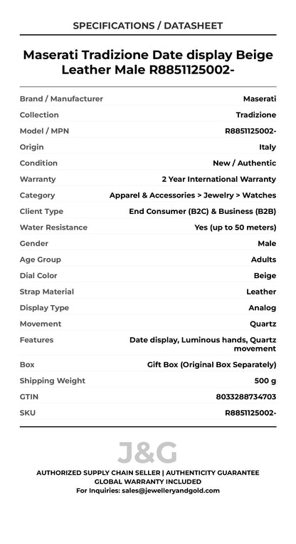 Maserati Tradizione Date display Beige Leather Male R8851125002- - Specifications