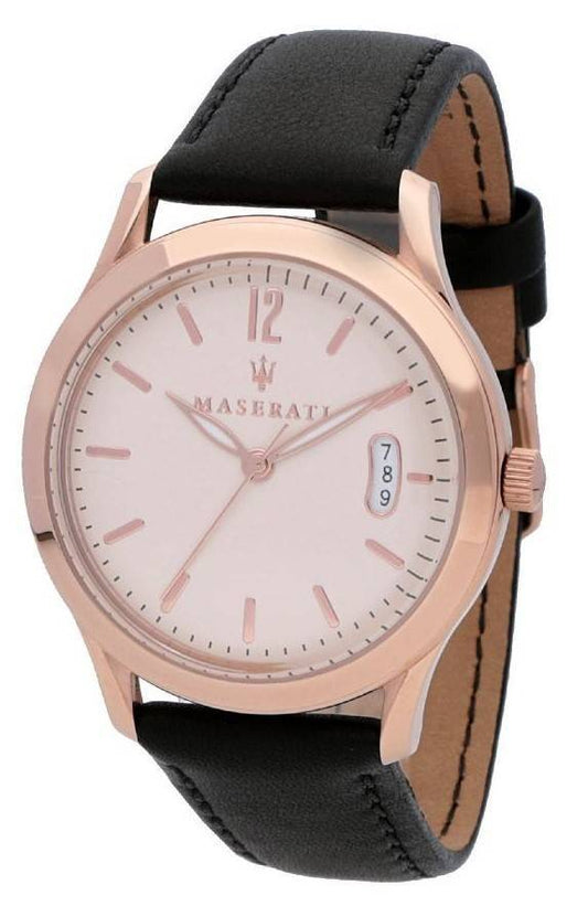 Maserati Tradizione Date display Beige Leather Male R8851125002-. A brand-new Maserati Tradizione watch featuring a Beige dial and a Leather strap. Angled view.