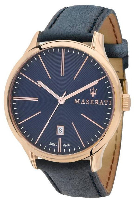 Maserati Date display Blue Leather Male R8851126001-. A brand-new Maserati watch featuring a Blue dial and a Leather strap. Angled view.