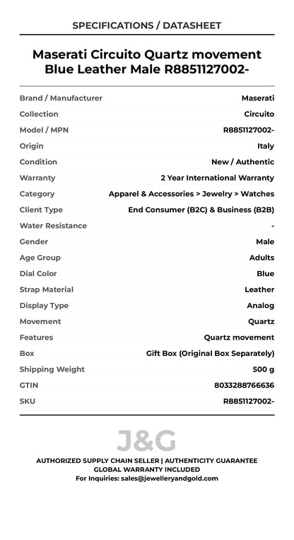 Maserati Circuito Quartz movement Blue Leather Male R8851127002- - Specifications