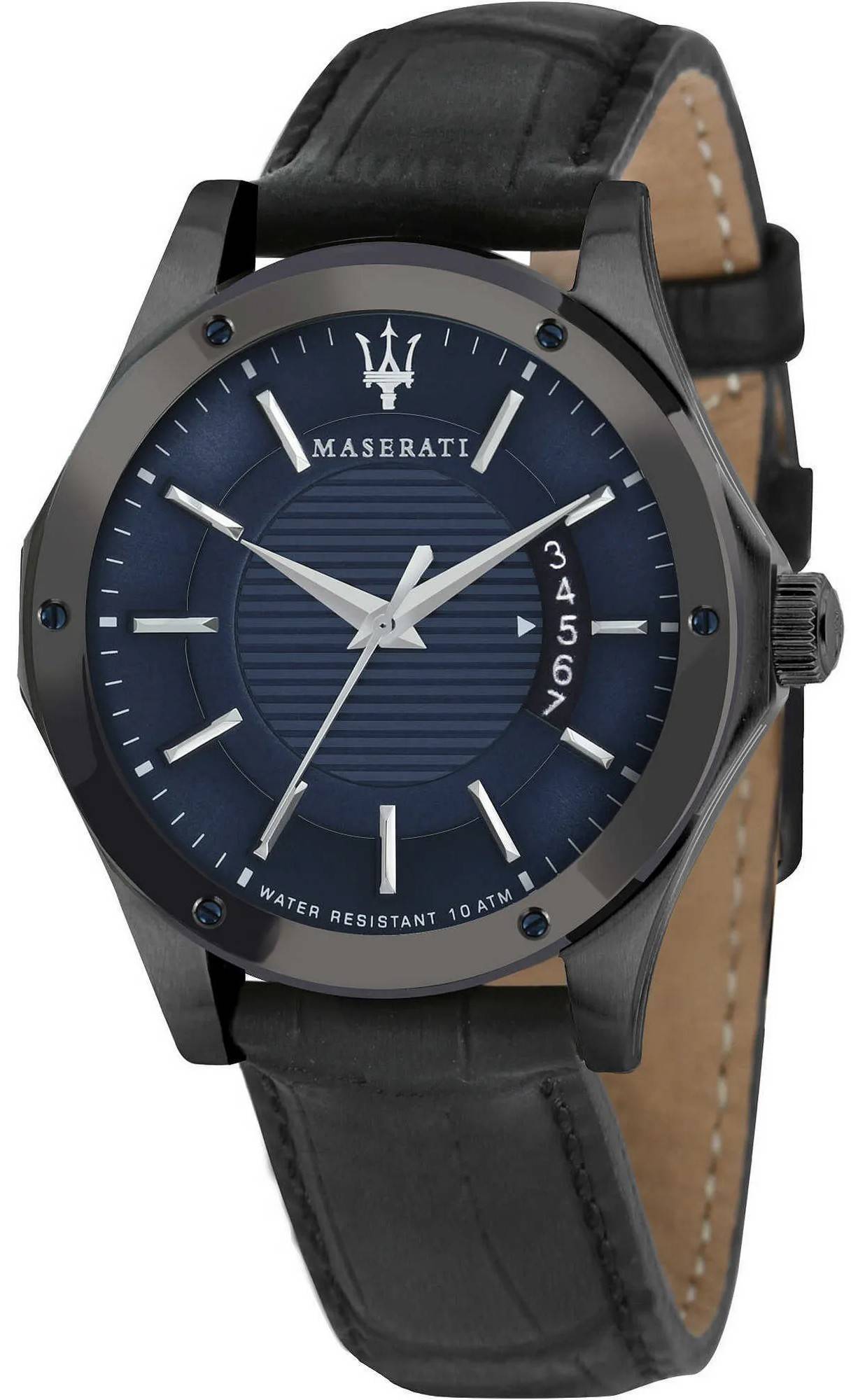 Maserati Circuito Quartz movement Blue Leather Male R8851127002-. A brand-new Maserati Circuito watch featuring a Blue dial and a Leather strap. Side view.