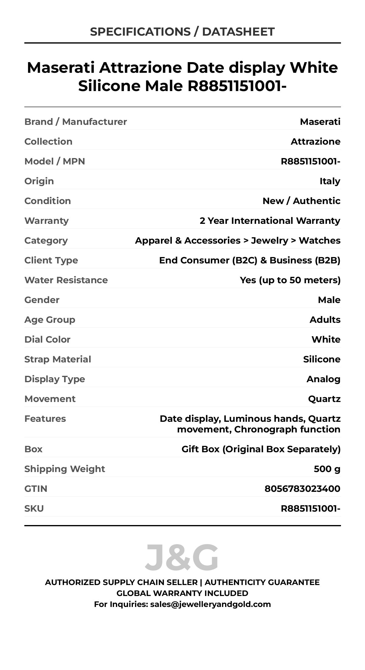 Maserati Attrazione Date display White Silicone Male R8851151001- - Specifications