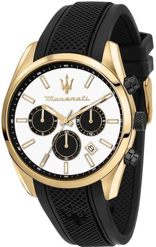 Maserati Attrazione Date display White Silicone Male R8851151001-. A brand-new Maserati Attrazione watch featuring a White dial and a Silicone strap. Side view.