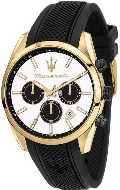 Maserati Attrazione Date display White Silicone Male R8851151001-. A brand-new Maserati Attrazione watch featuring a White dial and a Silicone strap. Side view.