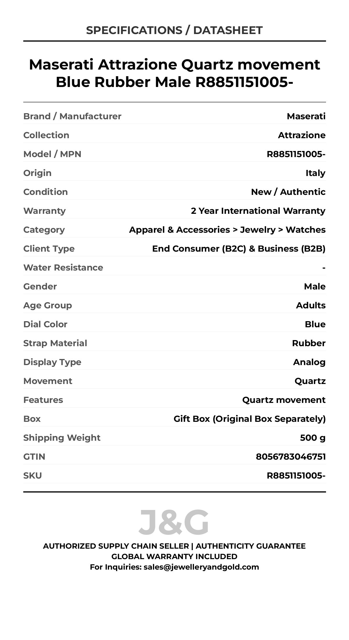 Maserati Attrazione Quartz movement Blue Rubber Male R8851151005- - Specifications