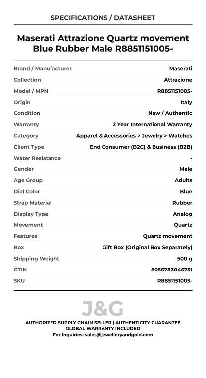 Maserati Attrazione Quartz movement Blue Rubber Male R8851151005- - Specifications