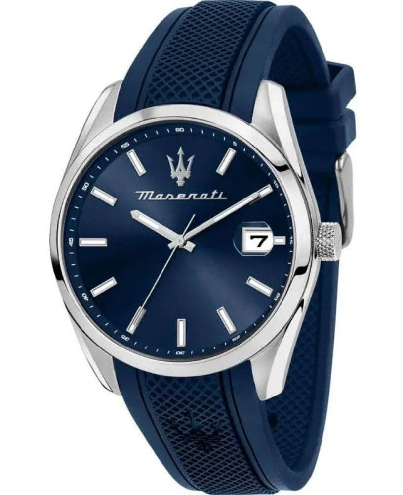 Maserati Attrazione Quartz movement Blue Rubber Male R8851151005-. A brand-new Maserati Attrazione watch featuring a Blue dial and a Rubber strap. Side view.