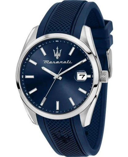 Maserati Attrazione Quartz movement Blue Rubber Male R8851151005-. A brand-new Maserati Attrazione watch featuring a Blue dial and a Rubber strap. Side view.