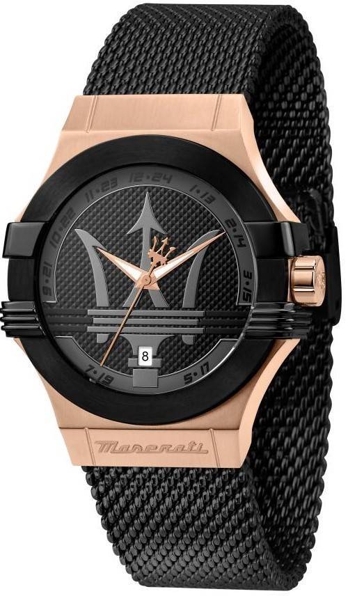 Maserati Potenza Date display Black Stainless steel Male R8853108010-. A brand-new Maserati Potenza watch featuring a Black dial and a Stainless steel strap. Front view.