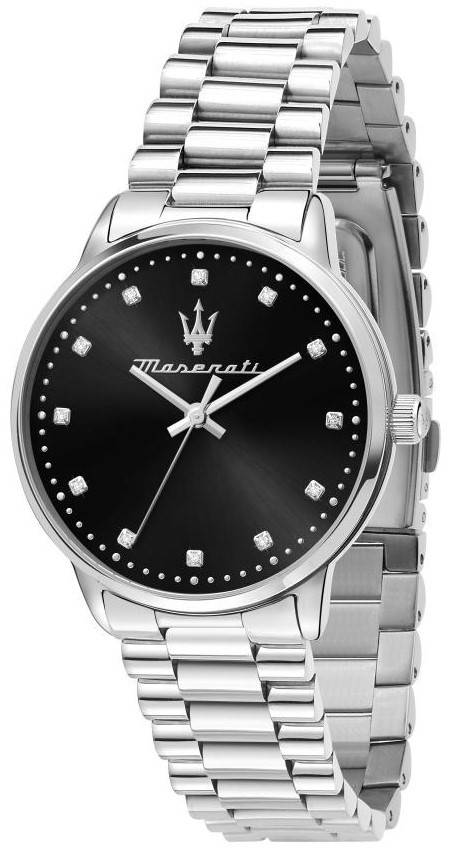 Maserati Royale Deployment clasp Black Stainless steel Female R8853147504-. A brand-new Maserati Royale watch featuring a Black dial and a Stainless steel strap. Side view.