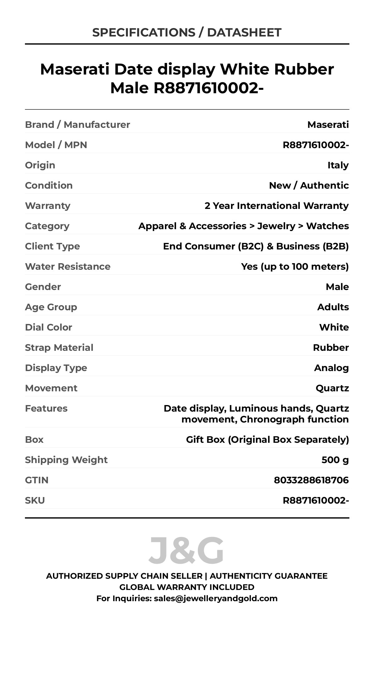 Maserati Date display White Rubber Male R8871610002- - Specifications