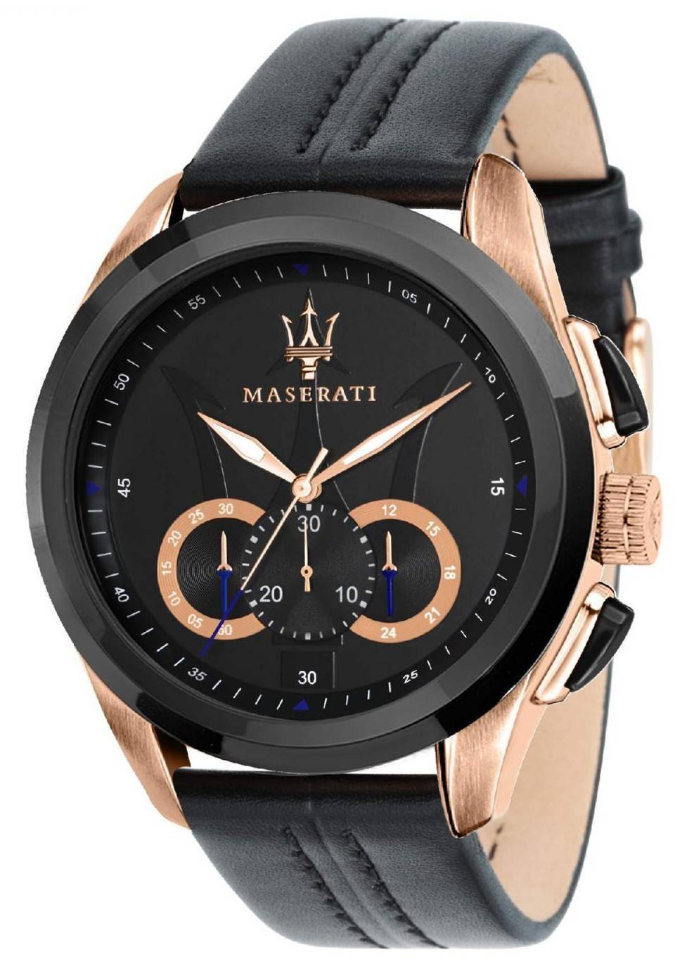 Maserati Traguardo Quartz movement Black Leather Male R8871612025. A brand-new Maserati Traguardo watch featuring a Black dial and a Leather strap. Angled view.