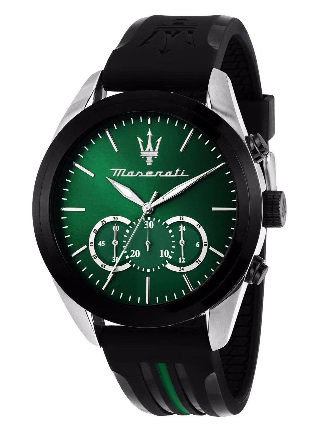 Maserati Traguardo Luminous hands Black Rubber Male R8871612043-. A brand-new Maserati Traguardo watch featuring a Black dial and a Rubber strap. Angled view.