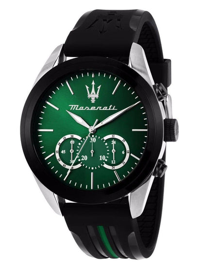 Maserati Traguardo Luminous hands Black Rubber Male R8871612043-. A brand-new Maserati Traguardo watch featuring a Black dial and a Rubber strap. Angled view.