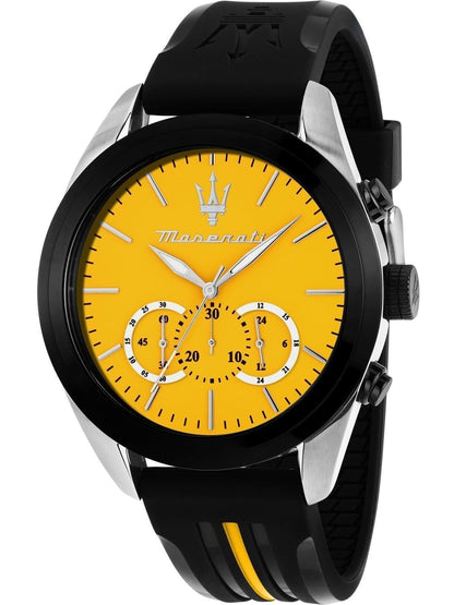 Maserati Traguardo Luminous hands Yellow Rubber Male R8871612045-. A brand-new Maserati Traguardo watch featuring a Yellow dial and a Rubber strap. Side view.