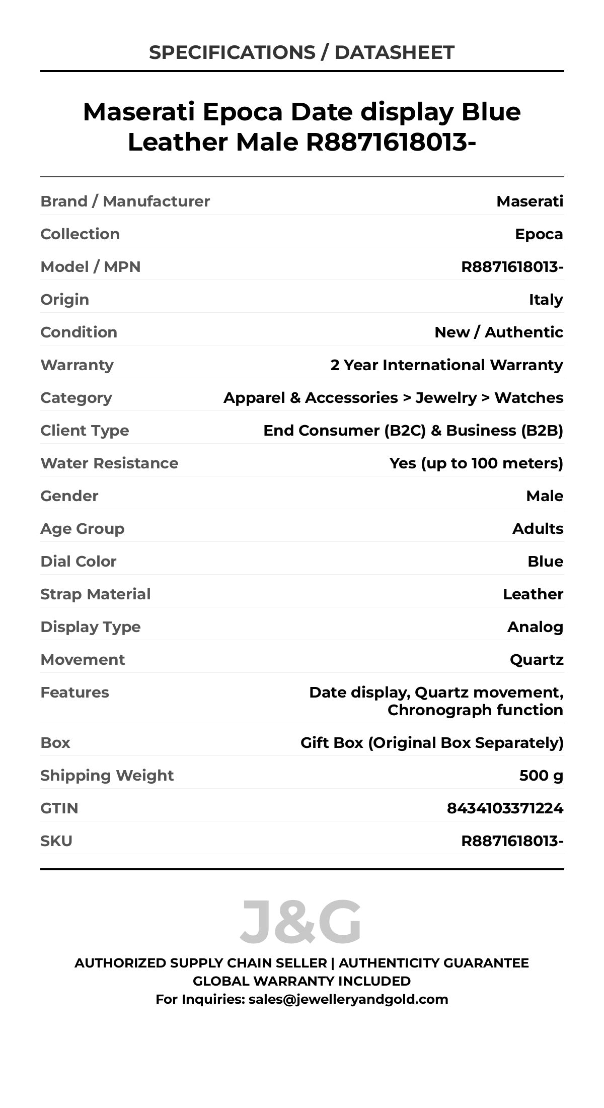 Maserati Epoca Date display Blue Leather Male R8871618013- - Specifications