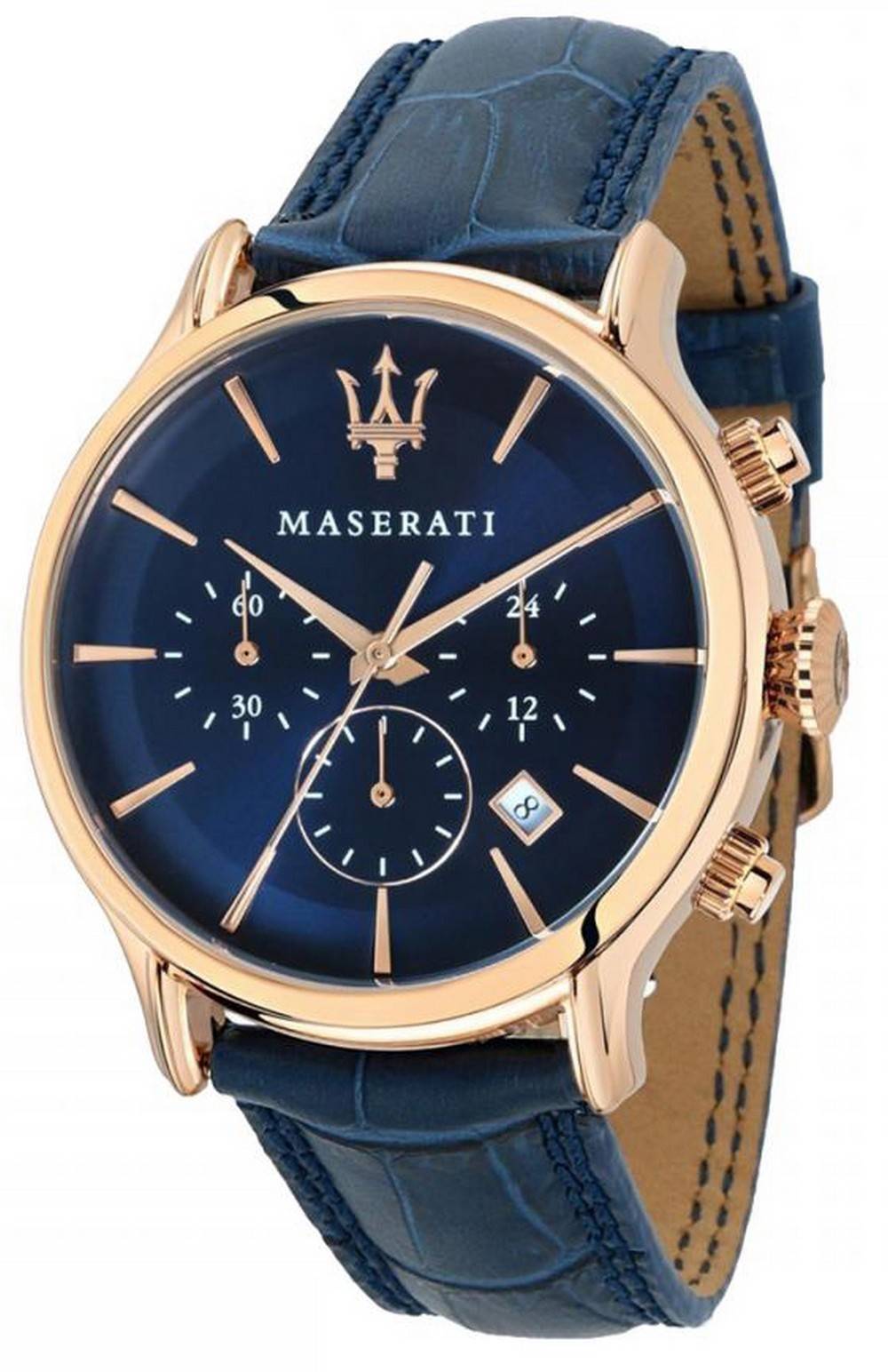 Maserati Epoca Date display Blue Leather Male R8871618013-. A brand-new Maserati Epoca watch featuring a Blue dial and a Leather strap. Angled view.