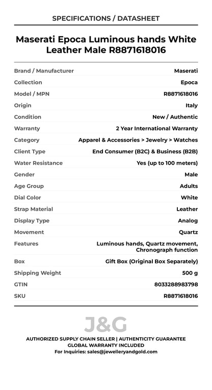 Maserati Epoca Luminous hands White Leather Male R8871618016 - Specifications