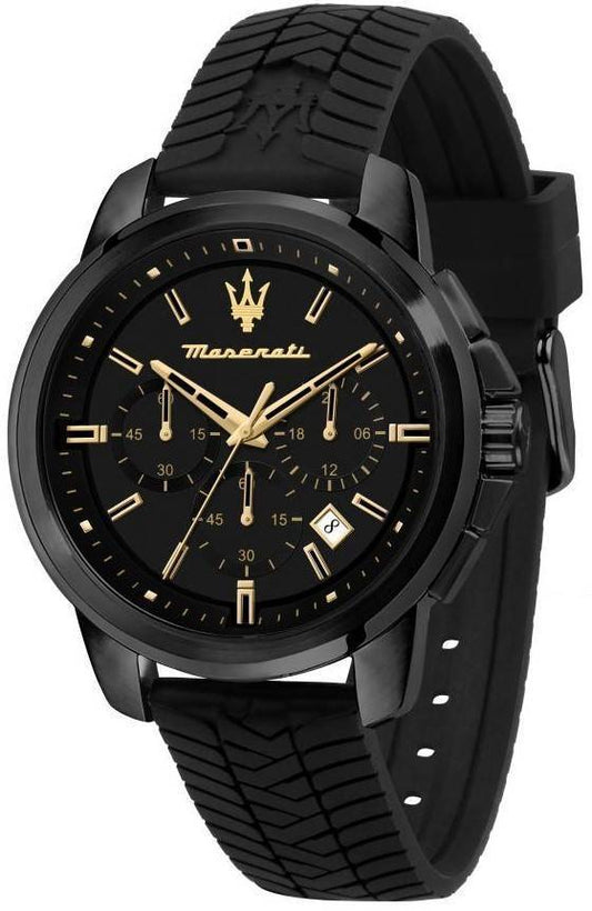 Maserati Successo Quartz movement Black Silicone Male R8871621011-. A brand-new Maserati Successo watch featuring a Black dial and a Silicone strap. Angled view.