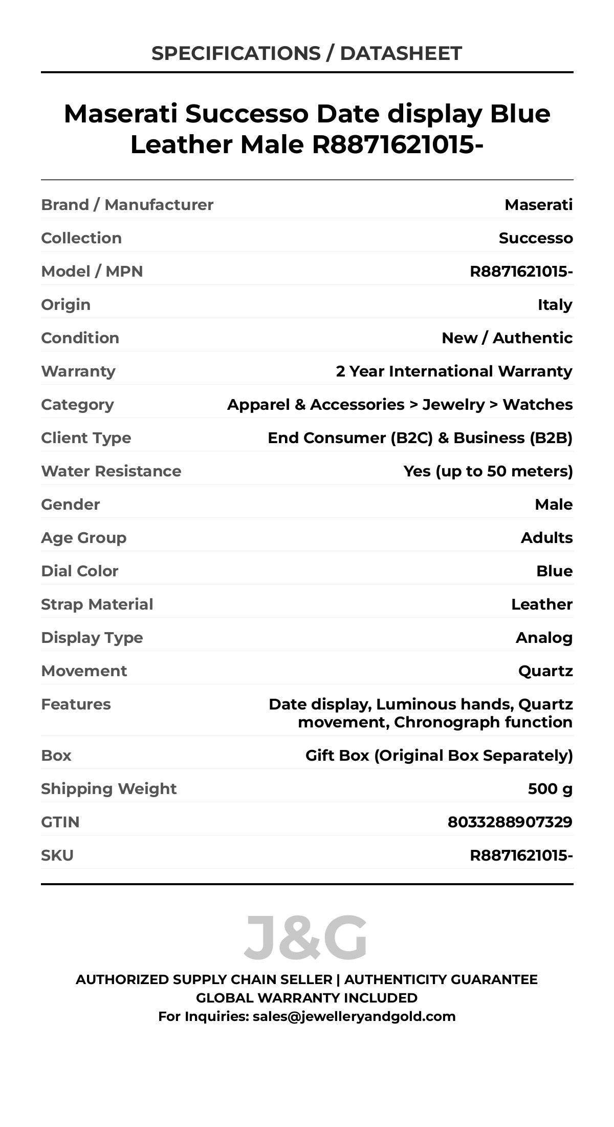 Maserati Successo Date display Blue Leather Male R8871621015- - Specifications