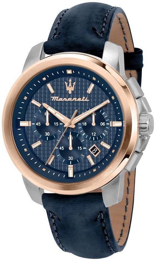 Maserati Successo Date display Blue Leather Male R8871621015-. A brand-new Maserati Successo watch featuring a Blue dial and a Leather strap. Angled view.